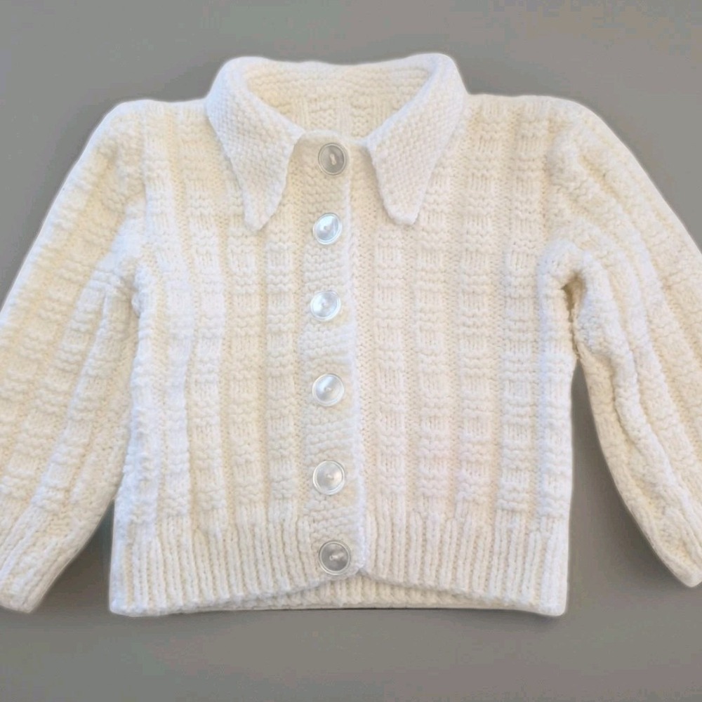 Vintage Girls Hand Knit Crochet Sweater Cardigan Cream Handmade 24m? Neutral